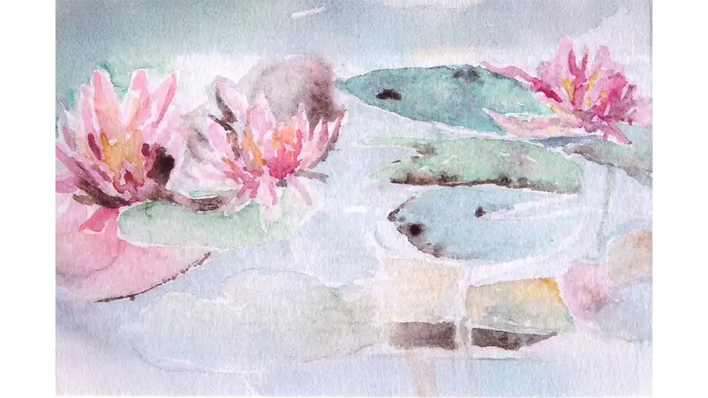 Watercolour water lilies with pink petals and green lily pads floating on pale blue water.